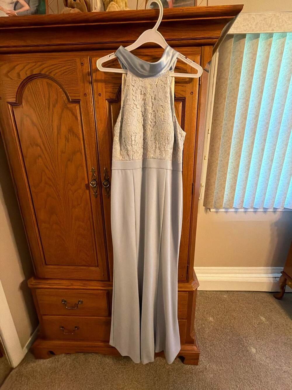 Eliza J Halter Neck Lace and Crepe Mermaid Gown in Light Blue